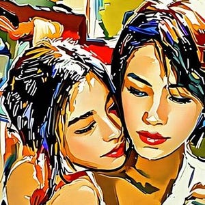 Könnte beinhalten: Ein digitales Gemälde, das zwei sich umarmende Frauen zeigt. Die Frauen haben helle Haut, dunkles Haar und roten Lippenstift. Das Kunstwerk verwendet eine lebendige Farbpalette mit warmen Tönen und kräftigen Konturen.