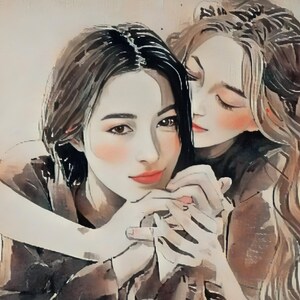 Pode incluir: Uma ilustração artística de duas mulheres abraçando-se. Uma mulher com cabelo escuro olha diretamente para o espectador, enquanto a outra, com cabelo castanho claro, apoia a cabeça no ombro da primeira. Ambas têm bochechas rosadas e lábios vermelhos.