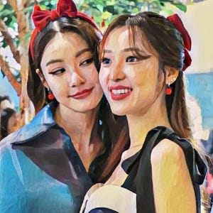 Könnte beinhalten: Zwei Frauen lächeln, eine in einem blauen Hemd mit Kragen und die andere in einem schwarzen Kleid. Beide haben dunkles Haar und tragen rote Schleifen-Haarbänder und rote Ohrringe. Der Hintergrund ist verschwommen mit grünem Laub.