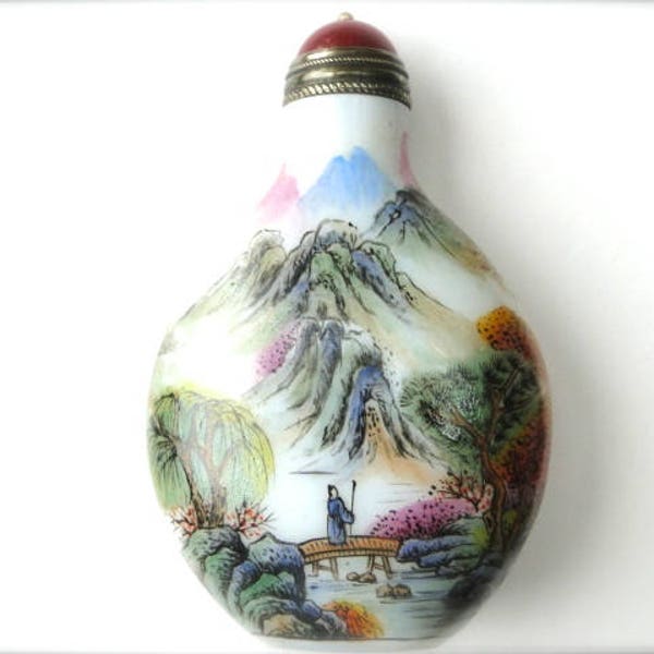 Snuff Bottle Collectible Art/Porcelain Bottle / Old and Very Unique Hand Painted Snuff c. 19 /  Two Sided Painted with Red Stone Spoon