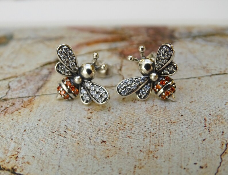 Honey Bee Studs Earrings Sterling Silver Swarovski Honey Bee Etsy