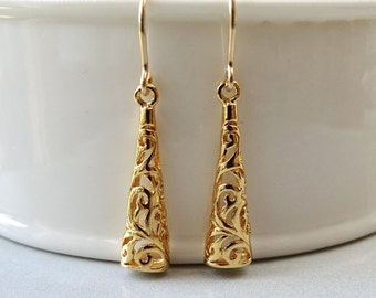 Gold Vermeil Filigree Dangle Earrings, Handmade Everyday Gold or Sterling Jewelry