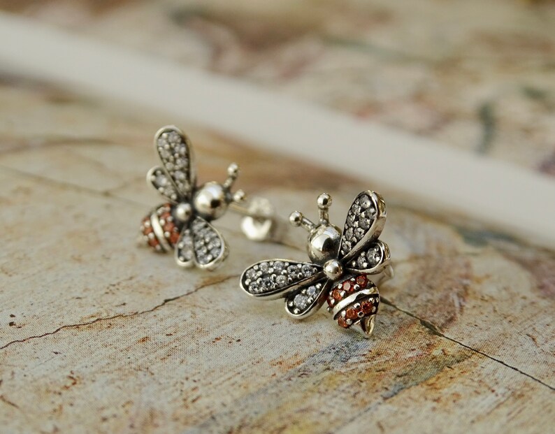 Honey Bee Studs Earrings Sterling Silver Swarovski Honey Bee Etsy