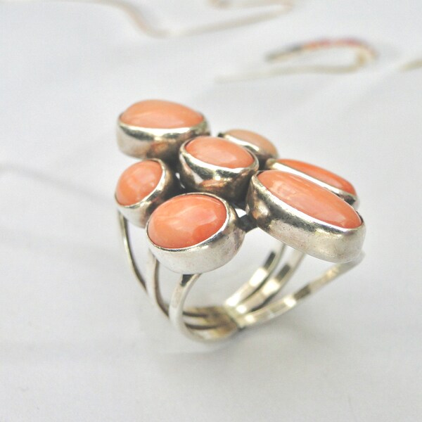 RESERVED Ring Coral Sterling Silver Ring Angel Skin Coral Ring Coral Sterling Silver Setting Modernist Coral Ring Salmon Coral Ring