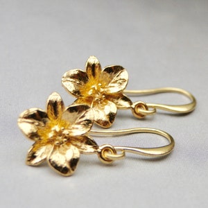 24k Gold Vermeil Flower Earrings, Handmade Plumeria Floral Dangles