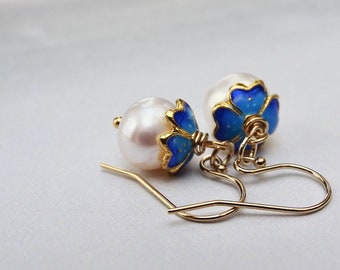 14k Solid Gold French Ear Wire Option Creamy White Baroque Pearls Cloisonne Hand Painted Bead Caps Gorgeous Pearl Earrings Wulfgirl