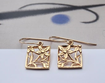 14k Solid Gold Ear Wire Option Filigree Earrings Handmade Jewelry Wulfgirl Dangle Gold Earrings Gift Wrapped Spring Earrings Gift Wrapped