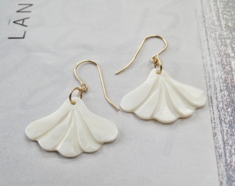 Gorgeous Mother of Pearl Earrings 14k Solid Gold Gift for Her Carved White Pearl Fan Mother of Pearl Ginkgo Leaf Charm Girlfriend Earrings