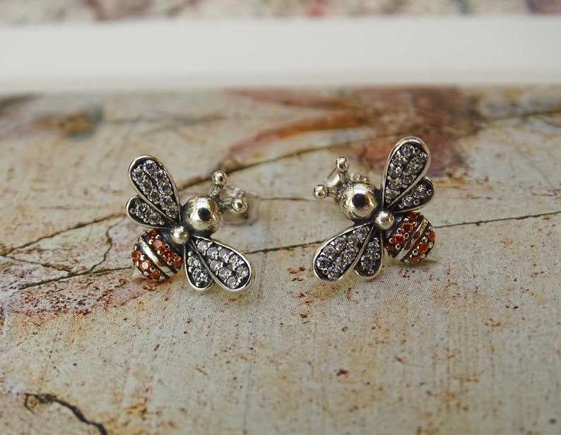Honey Bee Studs Earrings Sterling Silver Swarovski Honey Bee Etsy