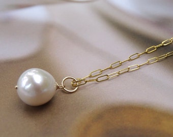 Gorgeous Baroque Pearl Necklace 14k Gold Filled Paperclip Chain Women's Gift One of a Kind Genuine Pearl Wedding Classy Handmade Jewelry