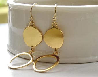 Gold Dangle Earrings, Geometric Oval Drop Earrings