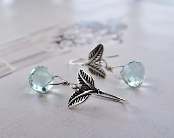 Blue-Green Quartz Sterling Silver Textured Leaf Ear Wires Minimalist Jewelry Girlfriend's Earrings Handmade Wulfgirl Etsy Rare Find