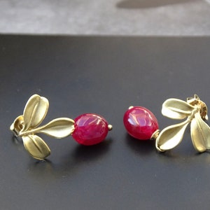 Handmade Ruby Tear Drop Earrings Gold Leaf Studs Women's Minimalist Earrings Unique Jewelry Wulfgirl Etsy Genuine Rubies Gift Wrapped