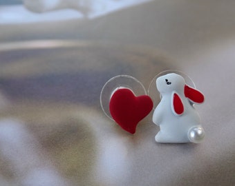 Childs Easter Bunny Rabbit Studs Red Heart Studs Gift for Her Easter Party Earrings Sterling Silver Posts Wulfgirl Etsy Gift Wrapped