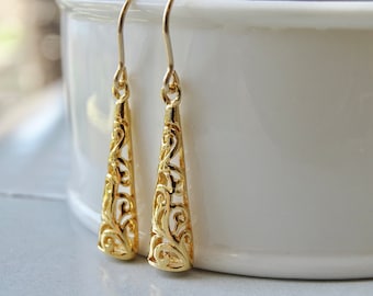 Gold Vermeil Filigree Dangle Earrings, Lightweight Gift
