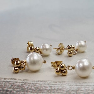 14k Gold Filled Creamy White Pearl Earrings, Minimalist Three Dot Post