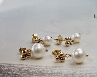 14k Gold Creamy White Cultured Pearls Every Day Genuine Pearls Wulfgirl Etsy Small and Medium Pearls Three Dot Post Earrings