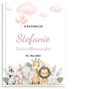 Libro degli ospiti personalizzato per compleanni | Libro degli ospiti per baby shower | Album per bambini con animali del safari, verde e rosa | Libro dei desideri con copertina rigida