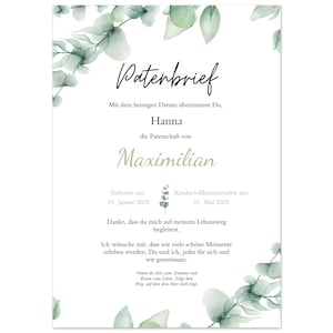 Certificado de padrino para la fiesta de bienvenida de un niño | Póster de bautizo personalizado A4 | Impresión digital con diseño de eucalipto | Regalo para ahijado
