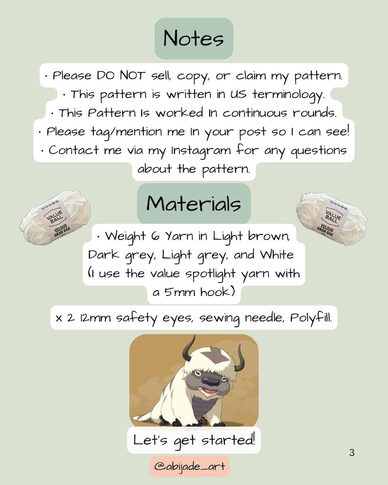 Op de afbeelding: Een haakpatroongids met tekst en illustraties. De gids bevat een lijst met materialen zoals garen in verschillende kleuren, veiligheidsoogjes en een haaknaald. De tekst bevat instructies en aantekeningen voor het patroon. De afbeelding toont ook een stripfiguur.