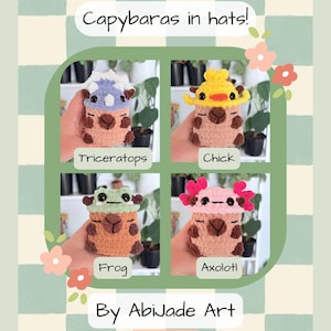 Pode incluir: Um padrão de crochê com quatro capivaras usando chapéus: um Triceratops, um pintinho, um sapo e um axolotl. A imagem tem um fundo xadrez verde e branco com o texto "Capybaras in hats!" e "Crochet Pattern".