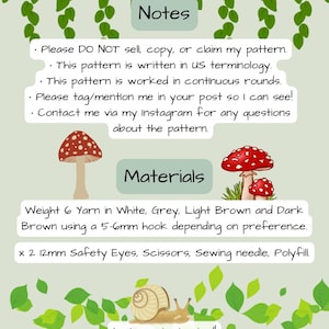 Puede incluir: Una gu&iacute;a de patrones de crochet con texto e ilustraciones. La gu&iacute;a incluye instrucciones, listas de materiales y notas. La paleta de colores es suave, con tonos verdes, blancos y marrones. La gu&iacute;a presenta ilustraciones de setas y el texto "Let's get started!"