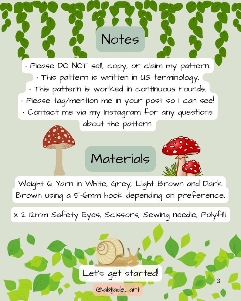 Puede incluir: Una gu&iacute;a de patrones de crochet con texto e ilustraciones. La gu&iacute;a incluye instrucciones, listas de materiales y notas. La paleta de colores es suave, con tonos verdes, blancos y marrones. La gu&iacute;a presenta ilustraciones de setas y el texto "Let's get started!"