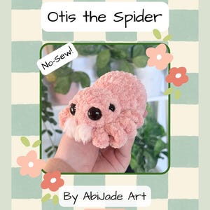 May include: A crochet pattern titled "Otis the Spider" with a pink, fluffy spider toy. The pattern is labeled "No-Sew!" and includes the text "By Abijade Art" and the Instagram handle "@abijade_art". The background has a checkered pattern.
