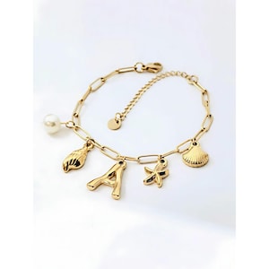 Pulsera de letras y charms, letras, pulsera de acero inoxidable, pulsera de mujer, pulsera elegante, pulsera de moda, pulsera de oro