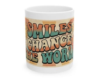 Smiles Change the World Mug | Retro 1960s Typography, Inspirational Mental Health