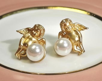 Golden Angel Pearl Earrings: Hand-Carved Micro-Sculpted Design