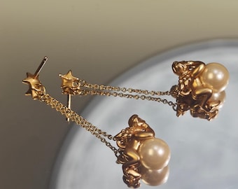 Golden Angel Dangle Earrings: Pearl & 18K Gold-Plated, Handmade