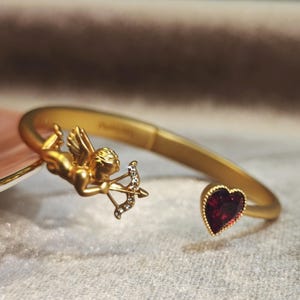 Cupid Heart Bracelet – Red Crystal Baroque Vintage Bangle, Dainty Gold Plated Cuff, Romantic Jewelry Gift for her, Couple Anniversary Gift