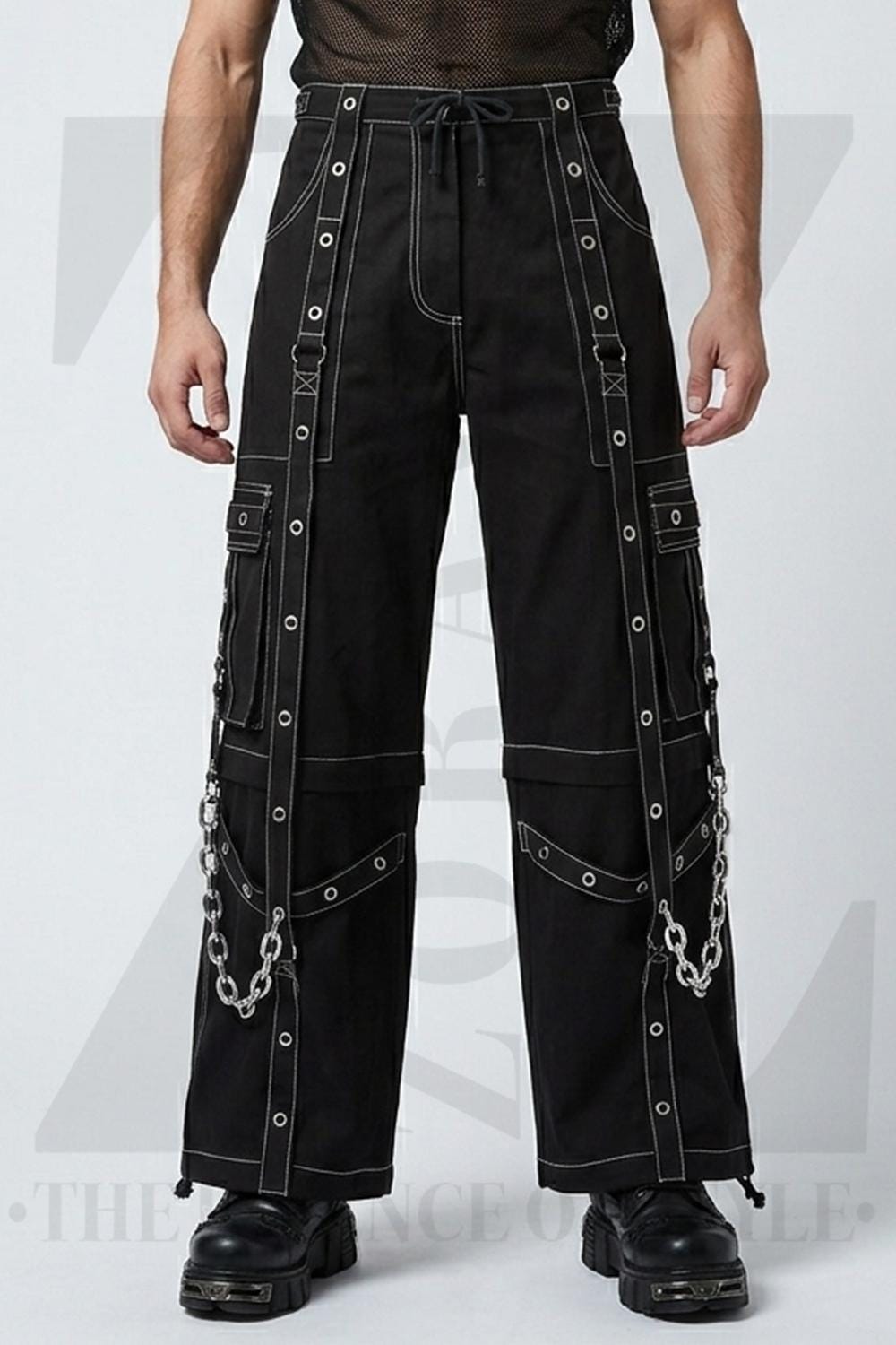 Black Goth Cargo Pants, Contrast Stitch Trousers, Wide Leg Cyber