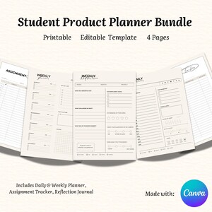 May include: A printable student planner bundle with four pages. The pages include a weekly planner, a daily planner, an assignment tracker, and a reflection journal. The pages are designed in a minimalist style with black text on a cream background.