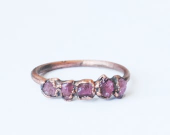 Pink tourmaline ring, raw tourmaline ring, raw stone ring, multistone copper ring, pink crystal ring, october birthstone ring boho jewelry