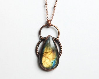 Copper labradorite pendant, labradorite necklace, electroformed labradorite necklace, boho necklace, raw stone necklace