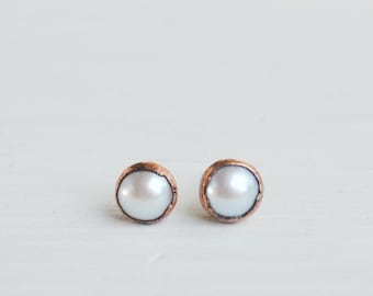 Raw pearl earrings, pearl stud earrings, freshwater pearl studs, raw stone earrings, june birthstone jewelry, raw crystal earrings