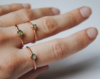 Dainty Raw Peridot Copper Ring: Electroformed Stacking Ring