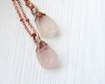 Raw rose quartz necklace, raw gemstone teardrop pendant, rose quartz copper pendant, boho jewelry, electroformed quartz necklace