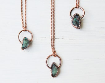 Emerald necklace, electroformed copper emerald pendant, may birthstone necklace, rough emerald necklace, boho necklace, boho jewelry