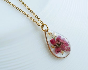 Heather flower necklace, resin floral pendant, pressed flower gold teardrop jewelry, botanical terrarium, woodland boho nature lover gift