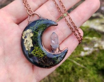 Real moss terrarium necklace, crescent moon copper pendant, botanical resin jewelry, woodland wedding, nature lover gift