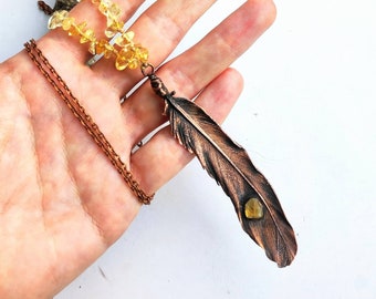 Electroformed Copper Feather Necklace: Citrine Boho Jewelry