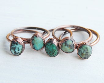 Raw turquoise ring, african turquoise ring, turquoise nugget ring, electroformed copper turquoise stacking ring, raw gemstone ring size US