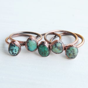 Raw turquoise ring, african turquoise ring, turquoise nugget ring, electroformed copper turquoise stacking ring, raw gemstone ring size US