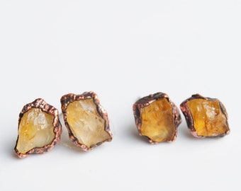 Raw citrine earrings, rough citrine stud earrings, raw crystal earrings, raw citrine studs, November birthstone jewelry, raw stone studs