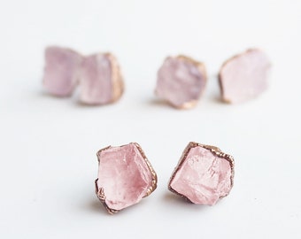 Raw rose quartz earrings, natural gemstone stud earrings, small crystal earrings, raw stone studs, boho wedding bridesmaid gift