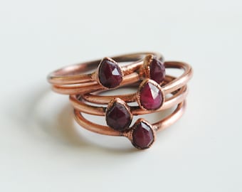 Faceted Ruby Pear Copper Ring: July Birthstone Stacking Ring
