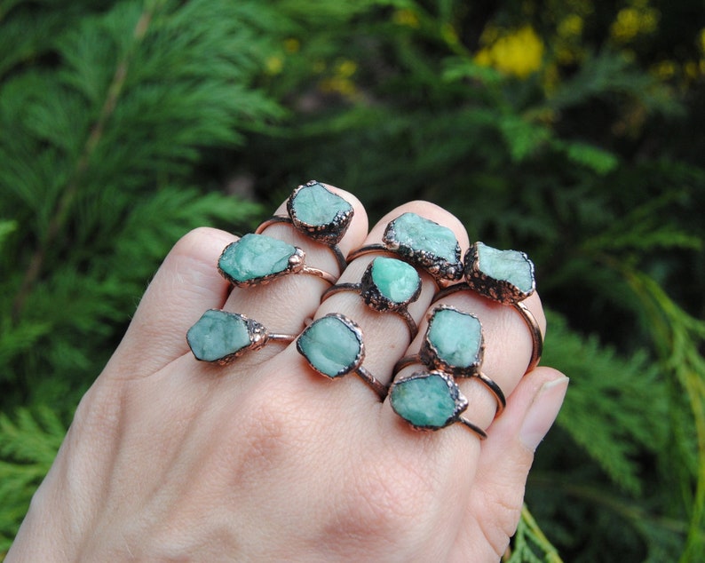rough emerald ring may birthstone ring emerald copper ring Raw emerald ring natural emerald ring boho jewelry raw crystal ring